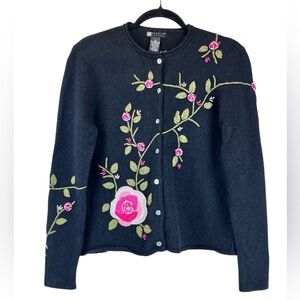 Vintage Carole Little Lambswool Angora Cardigan Floral Embroidery Black S / M